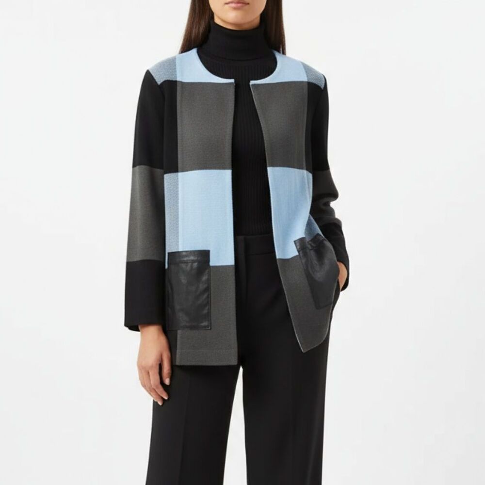 Misook Blue Black & Gray Knit Open Front Long Sleeve Cardigan Sweater S